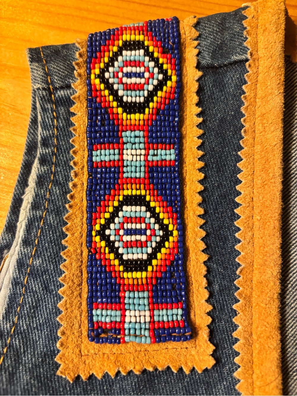 Women's Vintage Denim Vest with Suede Leather Trim and beading - Picture 3 of 5